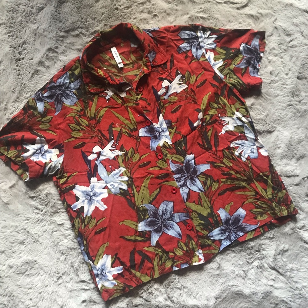 RVCS Women’s floral button down shirt medium burnt orange rust colour dadcore